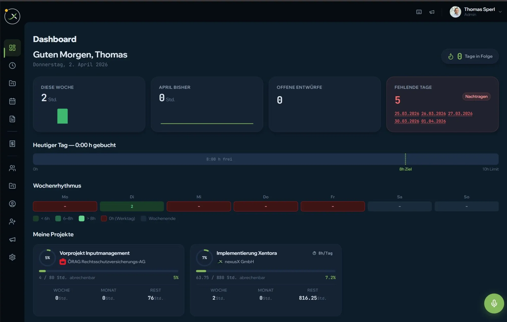 Xentora-Dashboard mit KPIs, Budgetauslastung und Projektstatus